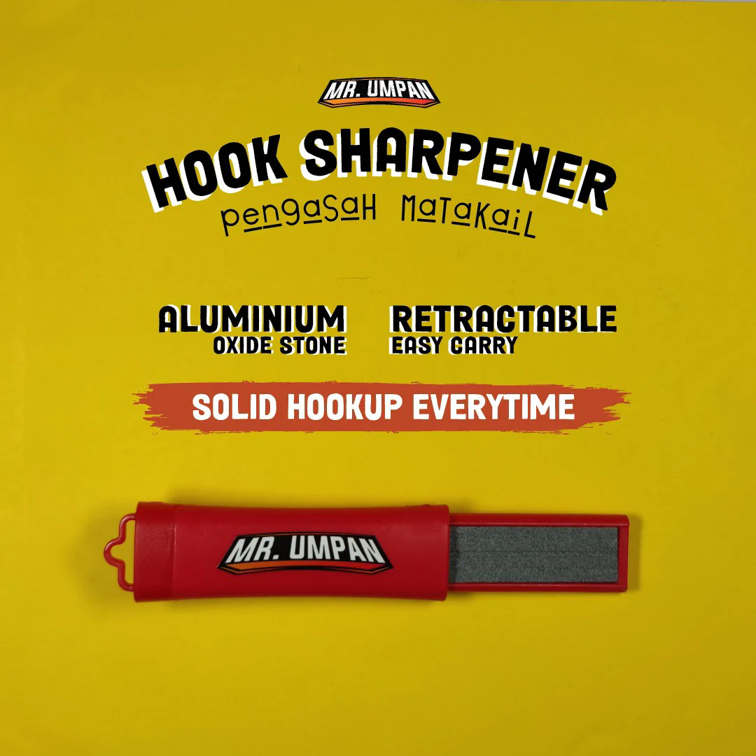 MR. UMPAN red retractable hook sharpener on yellow product-launch artwork