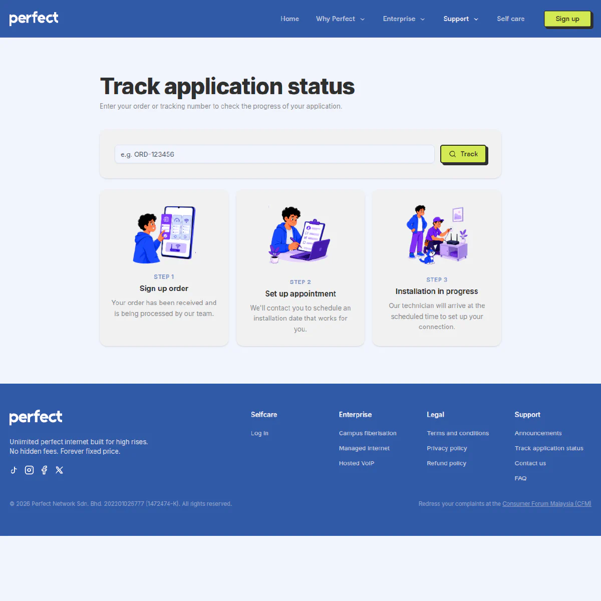 Perfect Internet application tracking screen with sign-up, appointment, and installation steps